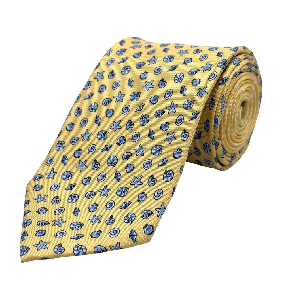 Pierre Cardin Mens Yellow Blue Coastal Seashell Starfish Dot Silk Tie 60"L